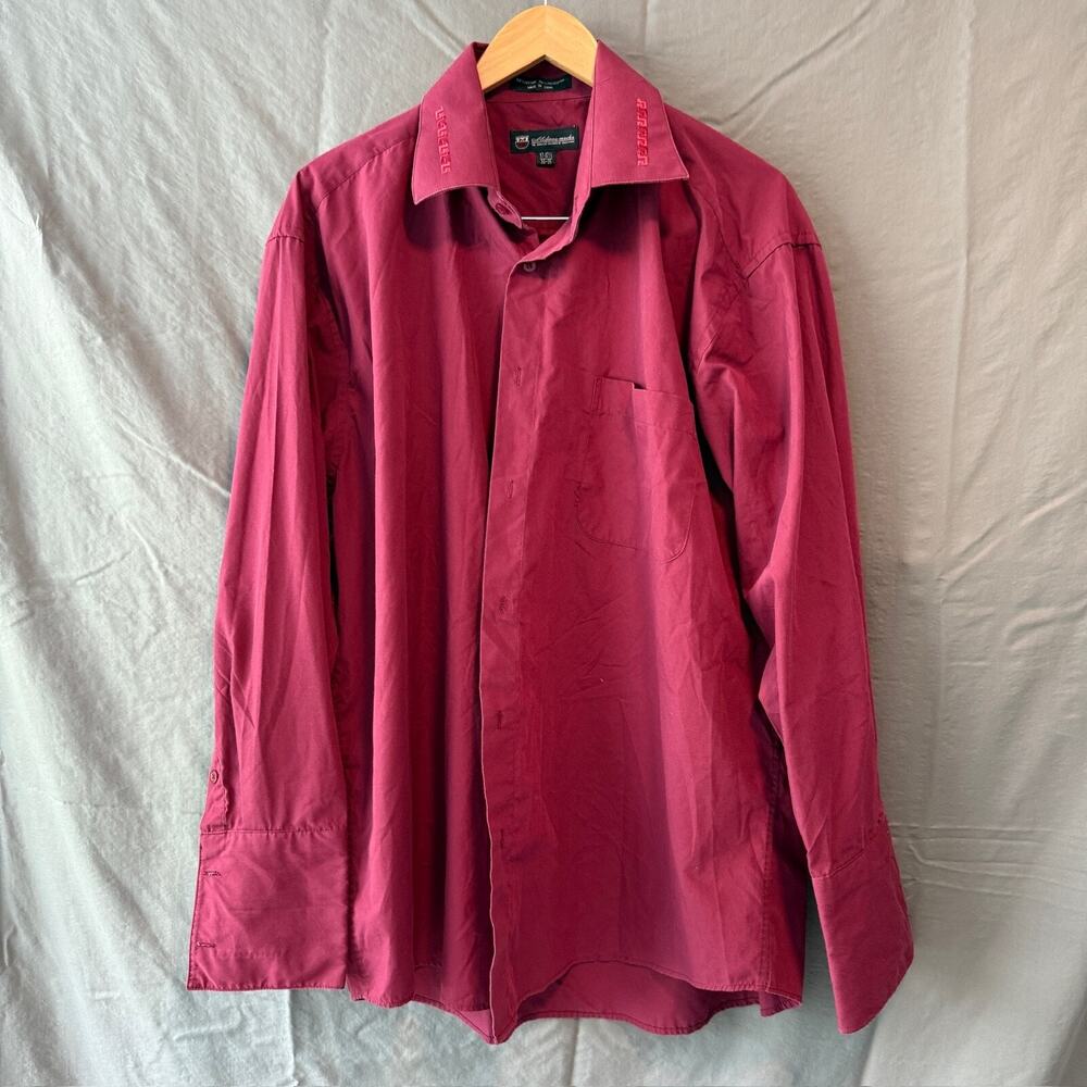 Men's Milano Moda Button-up Shirt 17-17 1/2 34-35 Burgandy Embroidered Collar